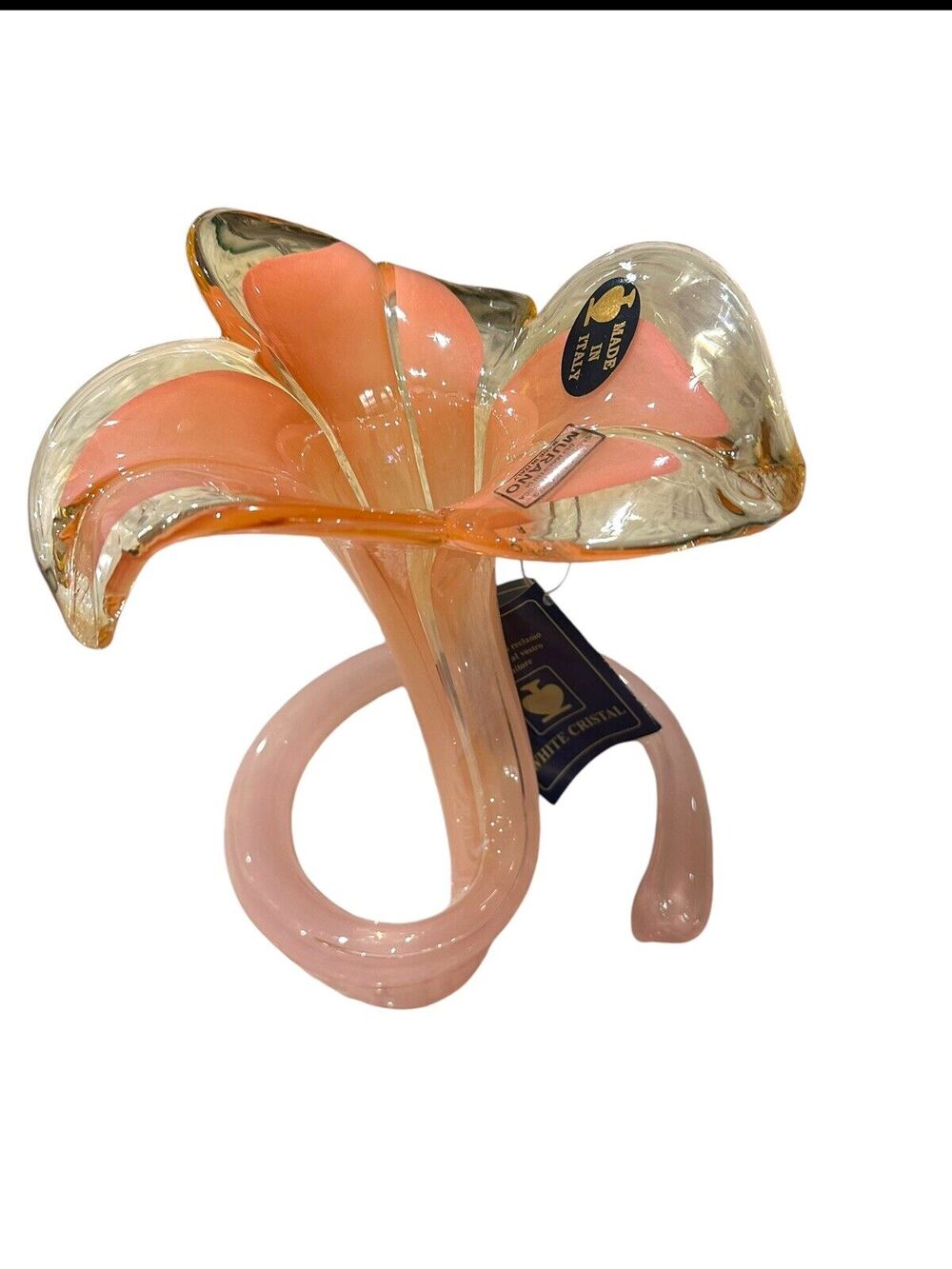 New With Tags Pink Murano Italy Art Glass Handblown Lily Flower Vase 8” Tall LG